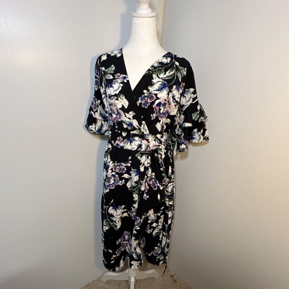 Umgee Med Navy Floral Midi Dress 3/4 Bell‎ Sleeve Wrap Tie Fairy Cottagecore